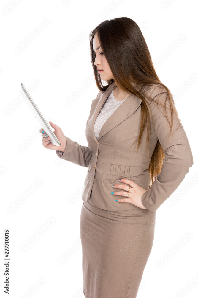 Portrait asian woman with laptop tablet isolated over white background Portrait asian woman with laptop tablet isolated over white background