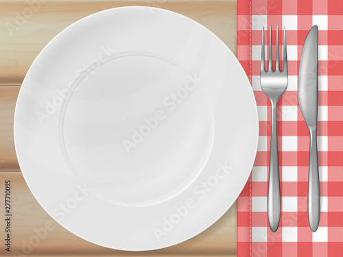 Wooden table background with plate, silver fork and knife. Vector illustration.