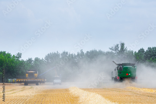 The machine for harvesting grain crops - combine harvester in action on rye field at sunny summer day. Agricultural machinery theme. © Sodel Vladyslav