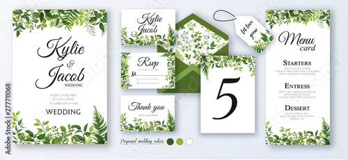 Wedding Invitation, menu, rsvp, label, table number, envelope. Floral design green watercolor fern leaves, foliage greenery decorative frame print. Vector elegant cute rustic greeting, invite postcard