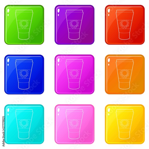 Tube with sunbathing cream icons set 9 color collection isolated on white for any design