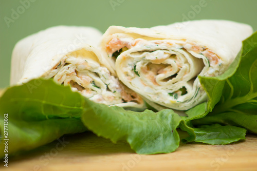 Tortilla wraps with salmon close up