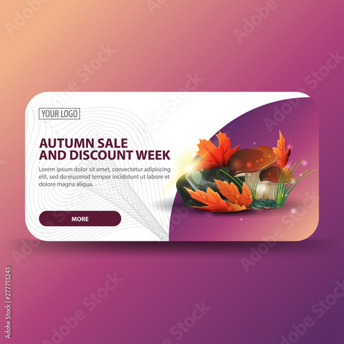 Autumn sale and discount week, horizontal banner with modern design, mushrooms and autumn leaves