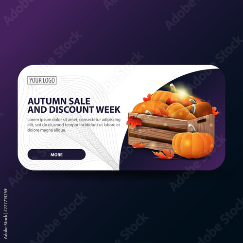 Autumn sale and discount week, horizontal banner with modern design, wooden crates of ripe pumpkins and autumn eaves
