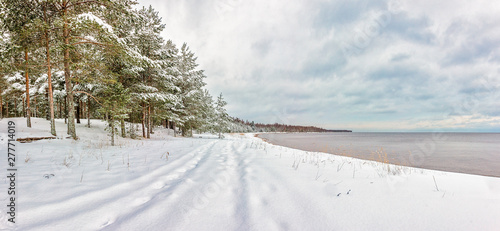 Beach at Lake Ladoga in the snow in winter