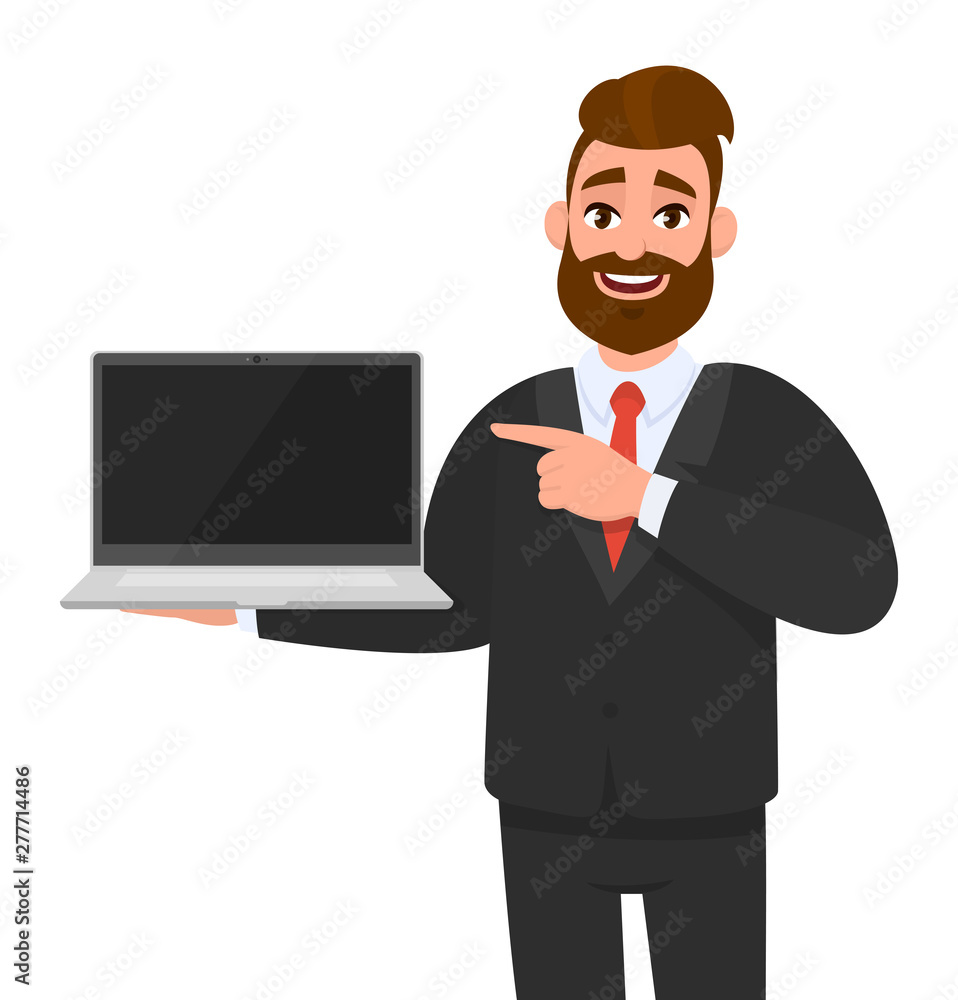 Happy business man in suit holding or showing the blank screen of a laptop computer and pointing hand finger. Hipster male character. Modern lifestyle, technology device, gadget in cartoon style. Happy business man in suit holding or showing the blank screen of a laptop computer and pointing hand finger. Hipster male character. Modern lifestyle, technology device, gadget in cartoon style.
