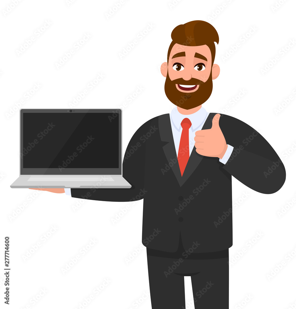 Cheerful business man holding or showing a latest new brand laptop computer (PC) and gesturing, making thumbs up sign with hand finger. Modern lifestyle, digital technology device, gadget, good, like. Cheerful business man holding or showing a latest new brand laptop computer (PC) and gesturing, making thumbs up sign with hand finger. Modern lifestyle, digital technology device, gadget, good, like.