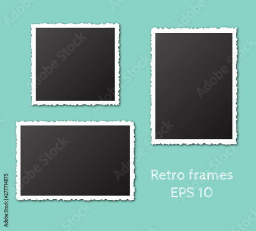 Set of empty retro frames with shadows isolated on blue background. Vintage torn paper empty snapshot photography template. Vector illustration.