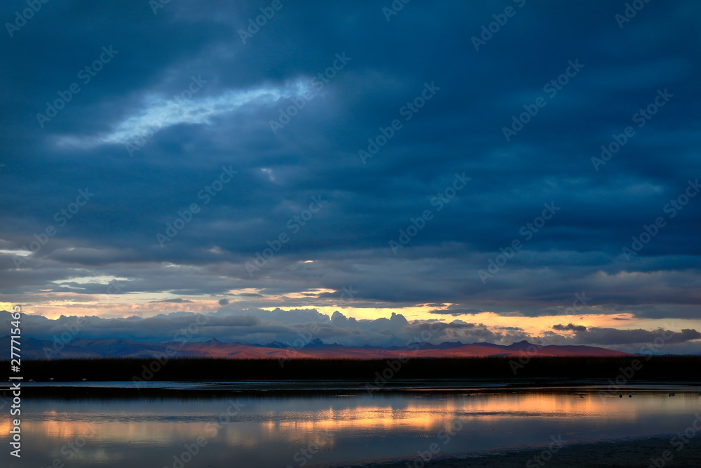Beautiful landscape at sunset on the shores of Lake Junin