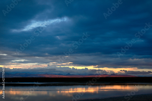 Beautiful landscape at sunset on the shores of Lake Junin