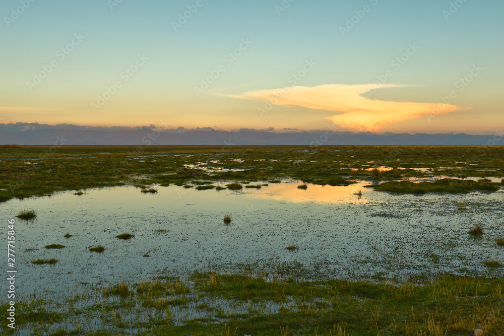 Beautiful landscape at sunset on the shores of Lake Junin