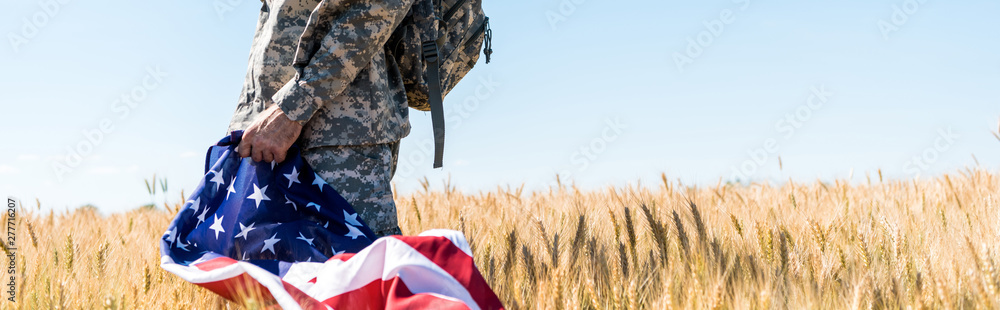 Panoramic shot of patriotic soldier in military uniform holding American flag while standing in field - obrazy, fototapety, plakaty 