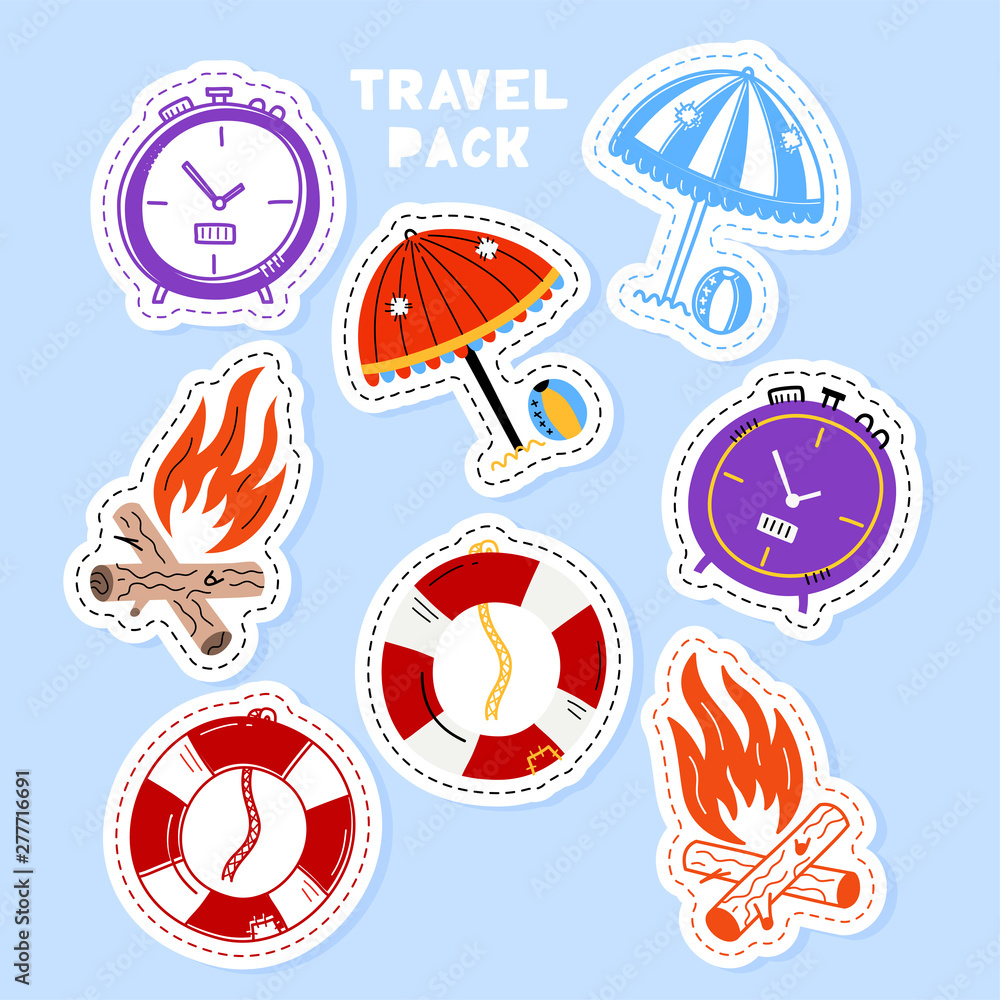 Set of travel stickers, pins, patches and handwritten collection in cartoon style. Funny greetings for clothes, card, badge, icon, postcard, banner, tag, stickers, print Set of travel stickers, pins, patches and handwritten collection in cartoon style. Funny greetings for clothes, card, badge, icon, postcard, banner, tag, stickers, print