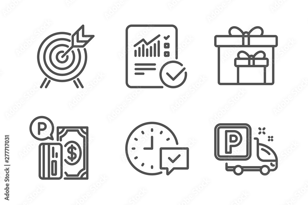 Checked calculation, Select alarm and Parking payment icons simple set. Archery, Delivery boxes and Truck parking signs. Statistical data, Time symbol. Business set. Line checked calculation icon Checked calculation, Select alarm and Parking payment icons simple set. Archery, Delivery boxes and Truck parking signs. Statistical data, Time symbol. Business set. Line checked calculation icon