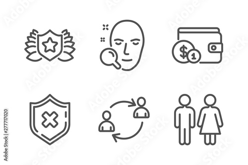 Laureate, Face search and User communication icons simple set. Buying accessory, Reject protection and Restroom signs. Award shield, Find user. Business set. Line laureate icon. Editable stroke