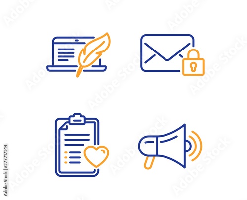 Copyright laptop, Patient history and Secure mail icons simple set. Megaphone sign. Writer device, Medical survey, Private e-mail. Advertisement. Business set. Linear copyright laptop icon. Vector
