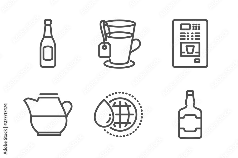 Beer, World water and Coffee vending icons simple set. Tea, Milk jug and Whiskey bottle signs. Pub alcohol, Aqua drop. Food and drink set. Line beer icon. Editable stroke. Vector Beer, World water and Coffee vending icons simple set. Tea, Milk jug and Whiskey bottle signs. Pub alcohol, Aqua drop. Food and drink set. Line beer icon. Editable stroke. Vector