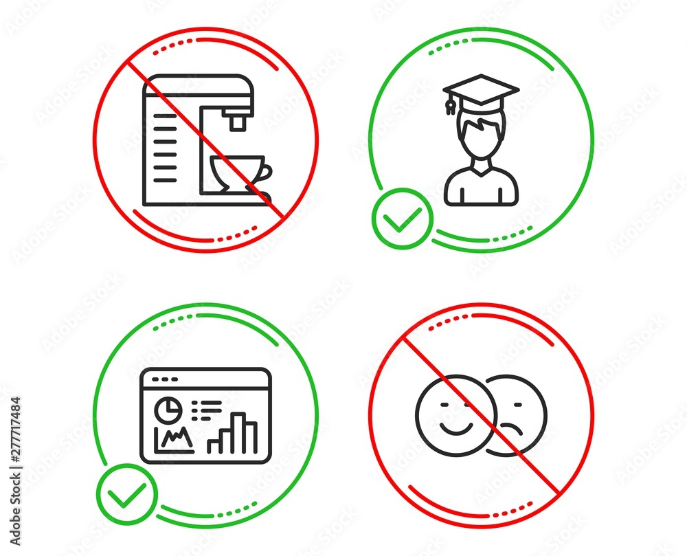 Do or Stop. Student, Coffee machine and Seo statistics icons simple set. Like sign. Graduation cap, Cappuccino machine, Analytics chart. Social media dislike. Business set. Line student do icon Do or Stop. Student, Coffee machine and Seo statistics icons simple set. Like sign. Graduation cap, Cappuccino machine, Analytics chart. Social media dislike. Business set. Line student do icon