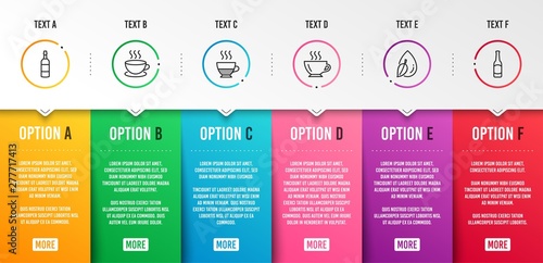 Doppio, Brandy bottle and Cappuccino icons simple set. Coffee, Water drop and Beer signs. Coffee drink, Whiskey. Food and drink set. Infographic template. 6 steps timeline. Business options. Vector