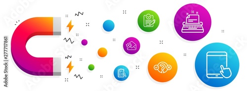 Magnet attracting. Rfp, Accounting report and Quiz test icons simple set. Send mail, Typewriter and Tablet pc signs. Request for proposal, Check finance. Education set. Line rfp icon. Vector