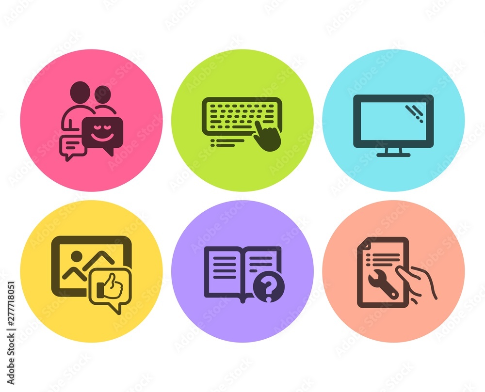 Like photo, Monitor and Help icons simple set. Communication, Computer keyboard and Repair document signs. Thumbs up, Computer component. Technology set. Flat like photo icon. Circle button. Vector Like photo, Monitor and Help icons simple set. Communication, Computer keyboard and Repair document signs. Thumbs up, Computer component. Technology set. Flat like photo icon. Circle button. Vector