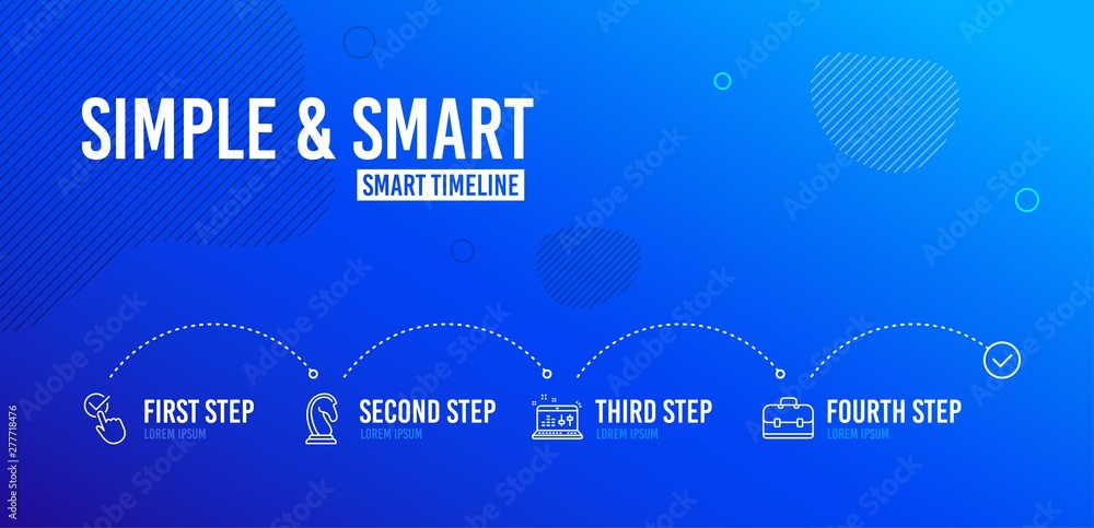 Naklejka premium Infographic timeline. Marketing strategy, Checkbox and Sound check icons simple set. Portfolio sign. Chess knight, Approved, Dj controller. Business case. Education set. 4 steps layout. Vector