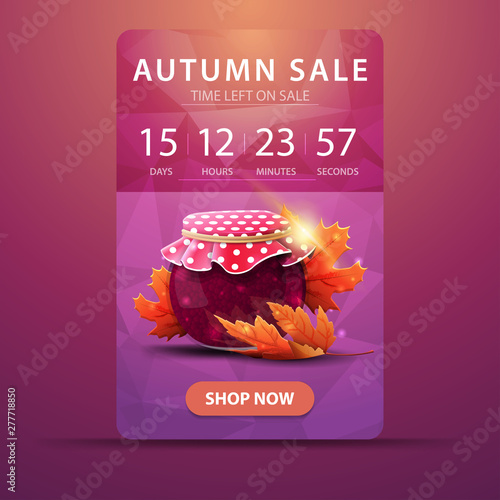 Autumn sale, web banner with countdown to the end of the sale with jar of jam and maple leaves