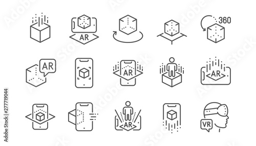 Augmented reality line icons. VR simulation, Panorama view, 360 degrees. Virtual reality gaming, augmented, full rotation arrows icons. Linear set. Vector