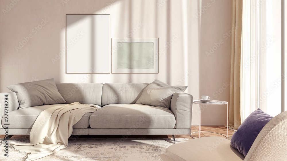 Fototapeta premium Modern white interior design of living room 3D Rendering
