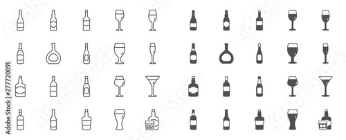 Wine bottle line icons. Set of Craft beer, Whiskey and Wine glass icons. Champagne bottle, Alcohol drink and Scotch with ice. Wineglass, Beer glass and Restaurant goblet signs. Beverage drink. Vector