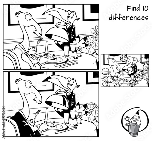 Camel in a restaurant. Find 10 differences. Educational matching game for children. Black and white cartoon vector illustration