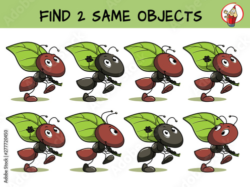 Funny ant is carrying a leaf. Find two same pictures. Educational game for children. Cartoon vector illustration