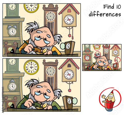 Watchmaker repairing broken old watch. Find 10 differences. Educational matching game for children. Cartoon vector illustration