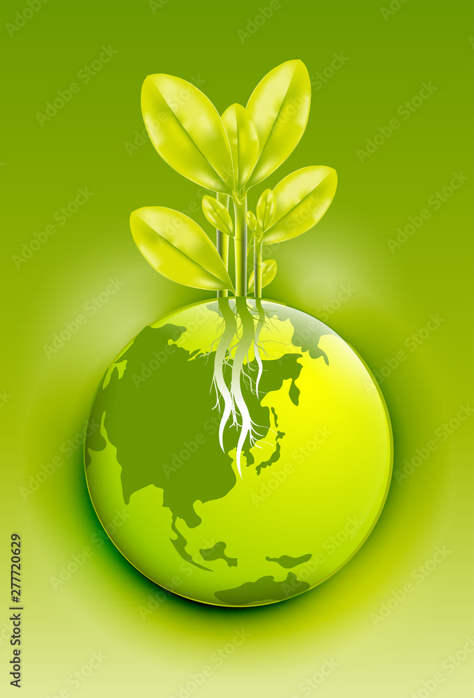Green plant growing on the Earth planet, ECO friendly saving the world environment concept, Vector and illustration Green plant growing on the Earth planet, ECO friendly saving the world environment concept, Vector and illustration