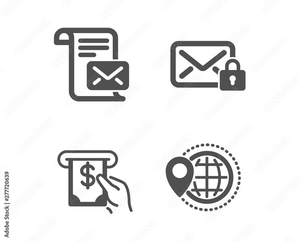 Set of Mail letter, Atm service and Secure mail icons. World travel sign. Read e-mail, Cash investment, Private e-mail. Map pointer. Classic design mail letter icon. Flat design. Vector Set of Mail letter, Atm service and Secure mail icons. World travel sign. Read e-mail, Cash investment, Private e-mail. Map pointer. Classic design mail letter icon. Flat design. Vector