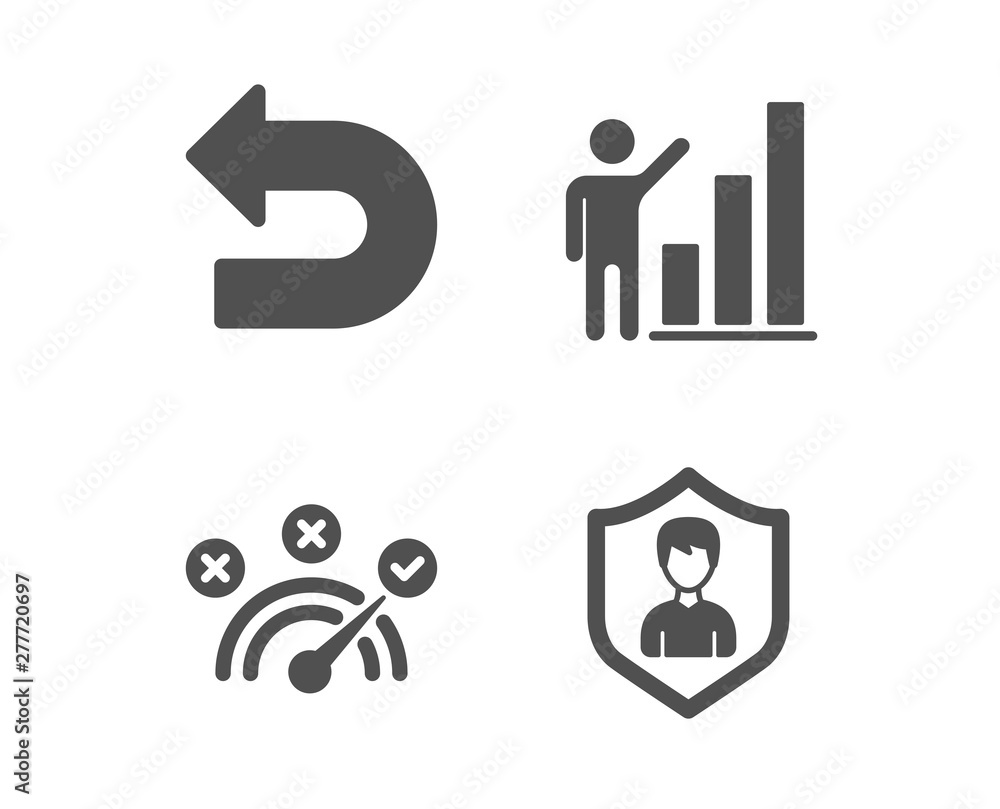 Set of Graph chart, Undo and Correct answer icons. Security agency sign. Growth report, Left turn, Speed symbol. People protection. Classic design graph chart icon. Flat design. Vector Set of Graph chart, Undo and Correct answer icons. Security agency sign. Growth report, Left turn, Speed symbol. People protection. Classic design graph chart icon. Flat design. Vector