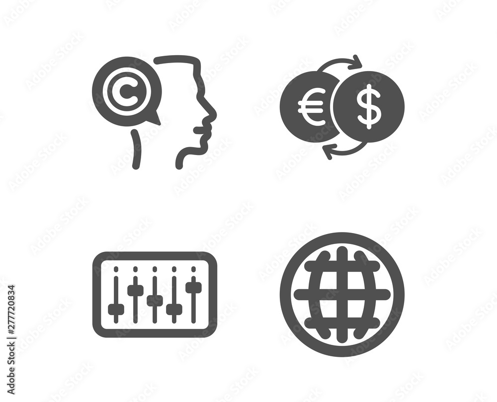 Set of Dj controller, Writer and Money exchange icons. Globe sign. Musical device, Copyrighter, Eur to usd. Internet world. Classic design dj controller icon. Flat design. Vector Set of Dj controller, Writer and Money exchange icons. Globe sign. Musical device, Copyrighter, Eur to usd. Internet world. Classic design dj controller icon. Flat design. Vector