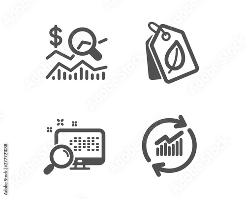 Set of Bio tags, Search and Check investment icons. Update data sign. Leaf, Find file, Business report. Sales statistics.  Classic design bio tags icon. Flat design. Vector