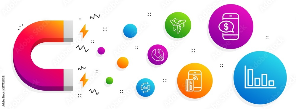 Magnet attracting. Phone payment, Update data and Contactless payment icons simple set. Wind energy, Loan percent and Histogram signs. Mobile pay, Sales chart. Finance set. Vector Magnet attracting. Phone payment, Update data and Contactless payment icons simple set. Wind energy, Loan percent and Histogram signs. Mobile pay, Sales chart. Finance set. Vector