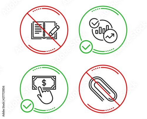 Do or Stop. Statistics, Payment click and Feedback icons simple set. Paper clip sign. Report charts, Financial transfer, Book with pencil. Attach paperclip. Education set. Line statistics do icon