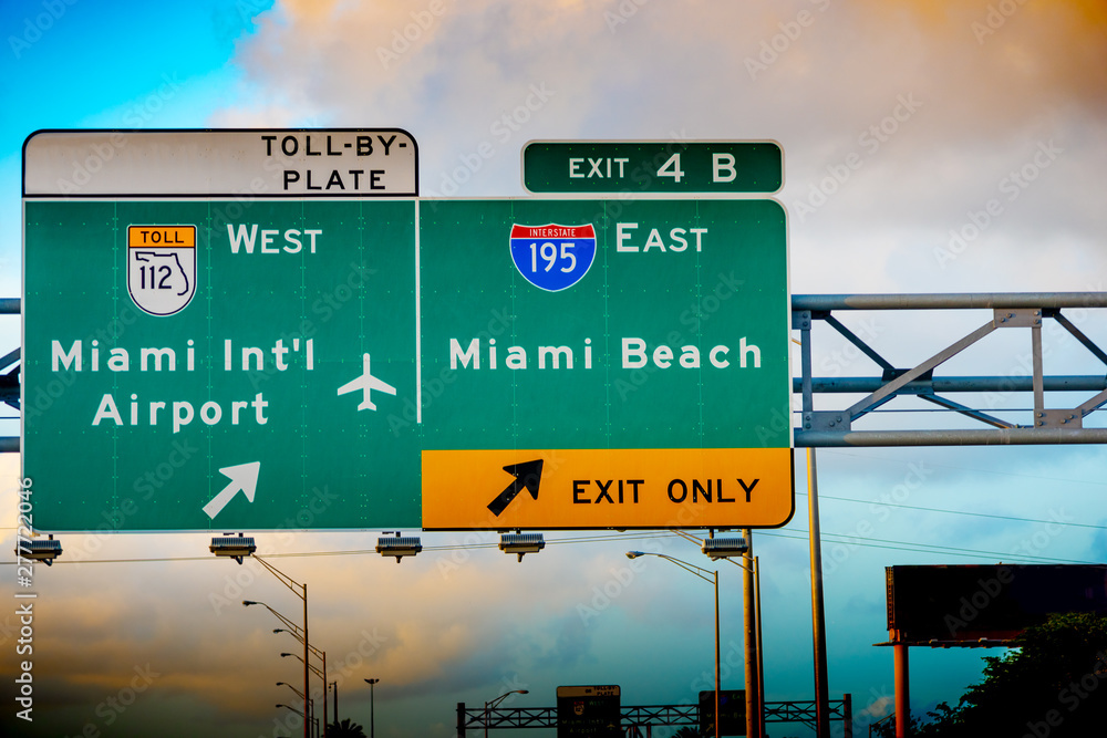 Miami Beach and Miami International Airport exit sign on 195 Interstate highway