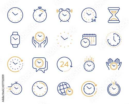 Time and clock line icons. Timer, Alarm and Smartwatch. Time management, 24 hour clock, deadline alarm icons. Sand hourglass, calendar and digital smartwatch, timer stopwatch. Vector
