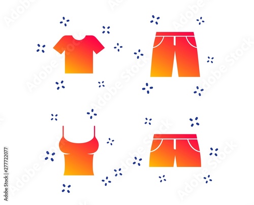 Clothes icons. T-shirt and pants with shorts signs. Swimming trunks symbol. Random dynamic shapes. Gradient clothing icon. Vector