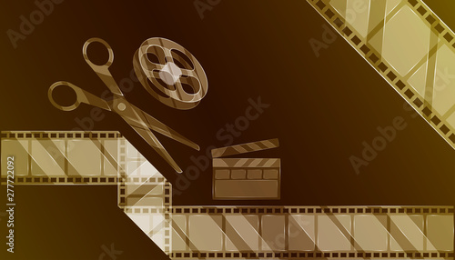 video editor. luxury transparent glass equipment of film movie creator for your make clip and make it online. tea color background style. vector illustration eps10