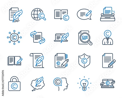 Copywriting book line icons. Set of Copyright protection, Signature and Feedback icons. Typewriter, Idea and message copywriting. Write book, legal copyright, content author. Light bulb. Vector
