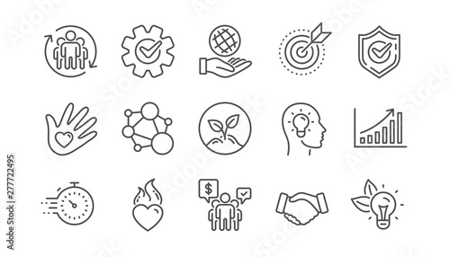 Core values line icons. Integrity, Target purpose and Strategy. Trust handshake, social responsibility, commitment goal icons. Linear set. Vector