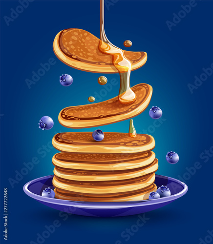 Pancakes with blueberries on the plate. Traditional sweet american breakfast with berries, creative food on blue background, Maple syrup flows at falling pancakes. Eps10 vector illustration.