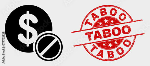 Vector priceless icon and Taboo stamp. Red rounded scratched stamp with Taboo text. Vector composition for priceless in flat style. Black isolated priceless icon.