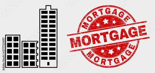 Vector city buildings pictogram and Mortgage seal. Red rounded scratched seal stamp with Mortgage caption. Vector composition for city buildings in flat style. Black isolated city buildings icon.