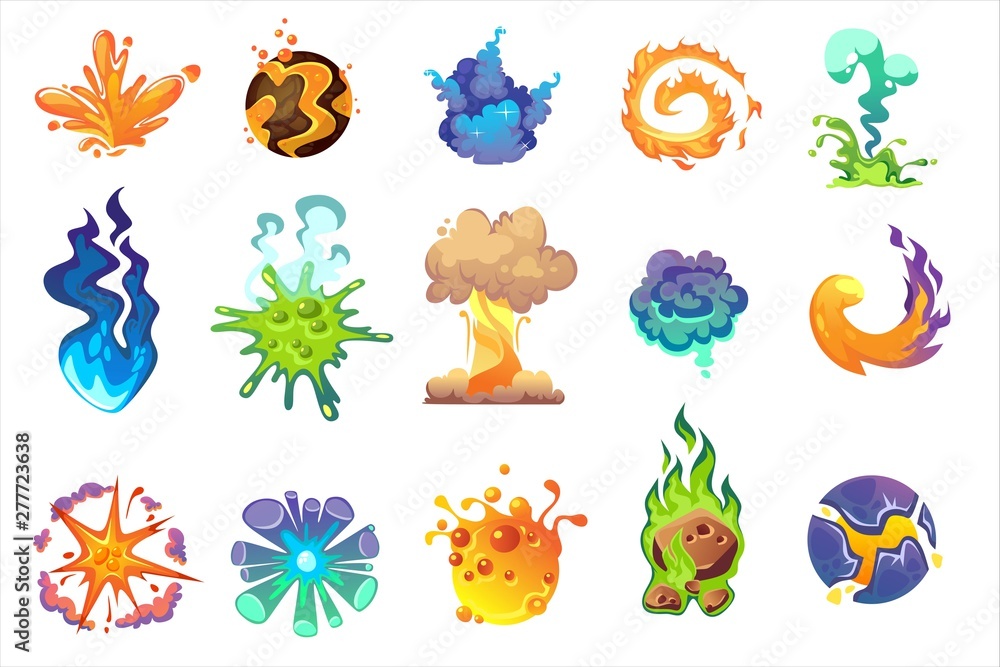 Cartoon explosion icon set on white  Boom effect vector  elements for game design, illustrations etc. Animation scenes of explosion  with smoke effect in fantasy style. Stock Vector | Adobe Stock